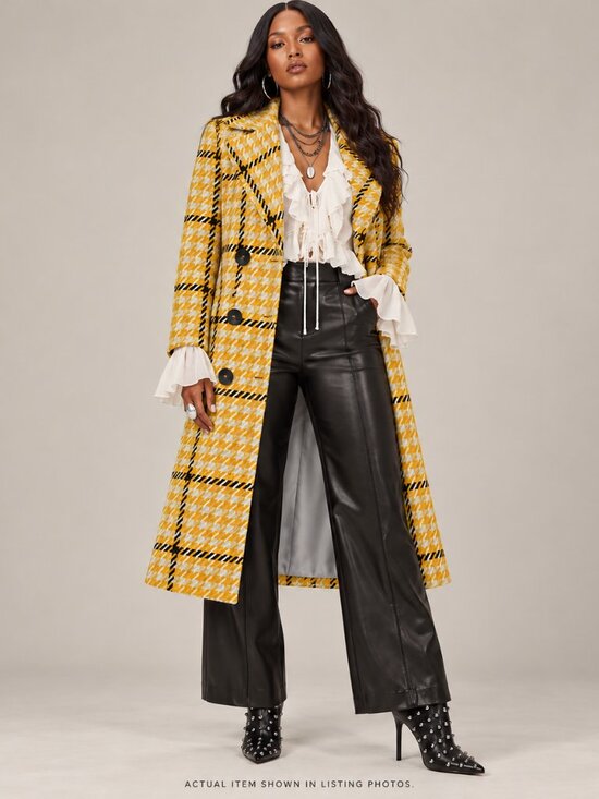 River Island Jackets & Blazers - River Island Yellow Plaid Double-Breasted Coat